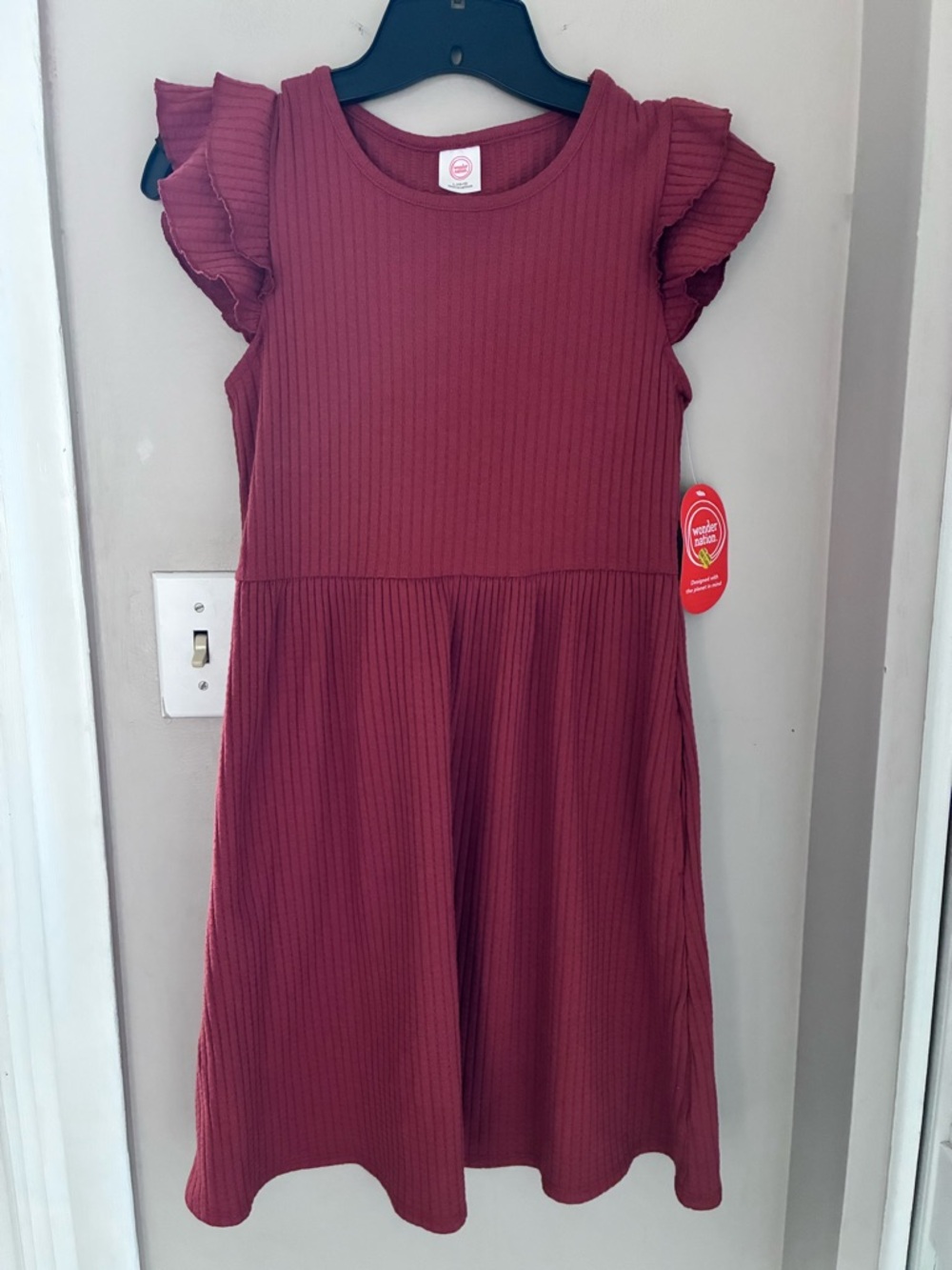 Girls' Ribbed Flutter-Sleeve Dress - Burgundy Size 10-12
